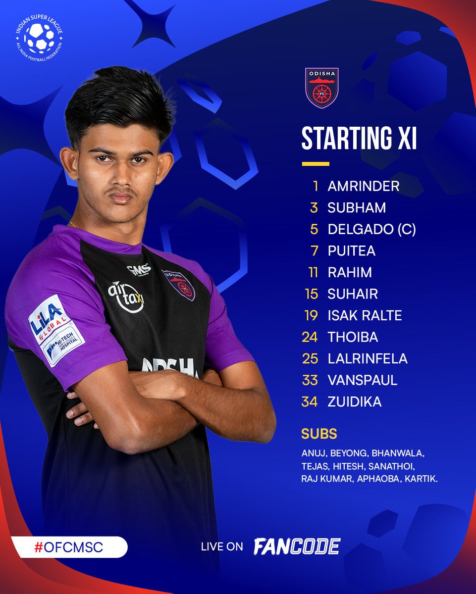 IndSuperLeague's tweet photo. The playing XIs that will take the field in Bhubaneswar! ποΈ
Watch #OFCMSC LIVE on @FanCode. π»
#ISL12 https://t.co/N3hEK6rhsV