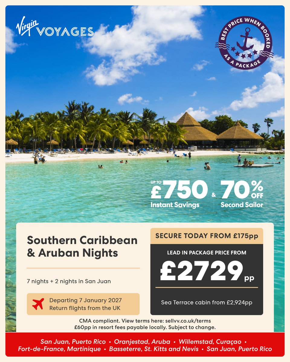 DanielsTravelUK's tweet image. Ahoy 🌴
Southern Caribbean &amp;amp; Aruban Nights with Virgin Voyages
🚢 7-night cruise + 2 nights San Juan
✈️ Flights from UK
💰 From £2729pp
🗓️ 7 Jan 2027
Correct as of April 2026.
#VirginVoyages #CaribbeanCruise #WinterSun