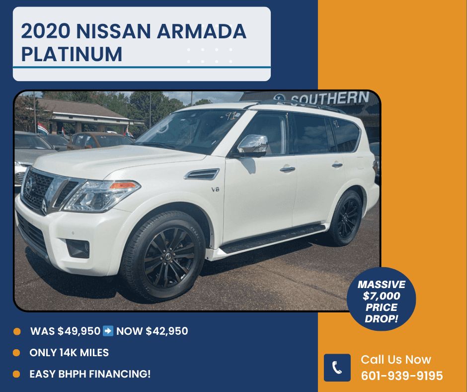 southernImport's tweet image. 🚨 $7,000 PRICE DROP! 🚨
2020 Nissan Armada Platinum

Was: $49,950 | NOW: $42,950
✨ ONLY 14k Miles!
✨ 5.6L V8 &amp;amp; Premium Tan Interior

Lock in this loaded 3-row luxury SUV today with our easy BHPH Financing! 👇
buff.ly/b3KjJzQ
#NissanArmada #JacksonMS #BHPH