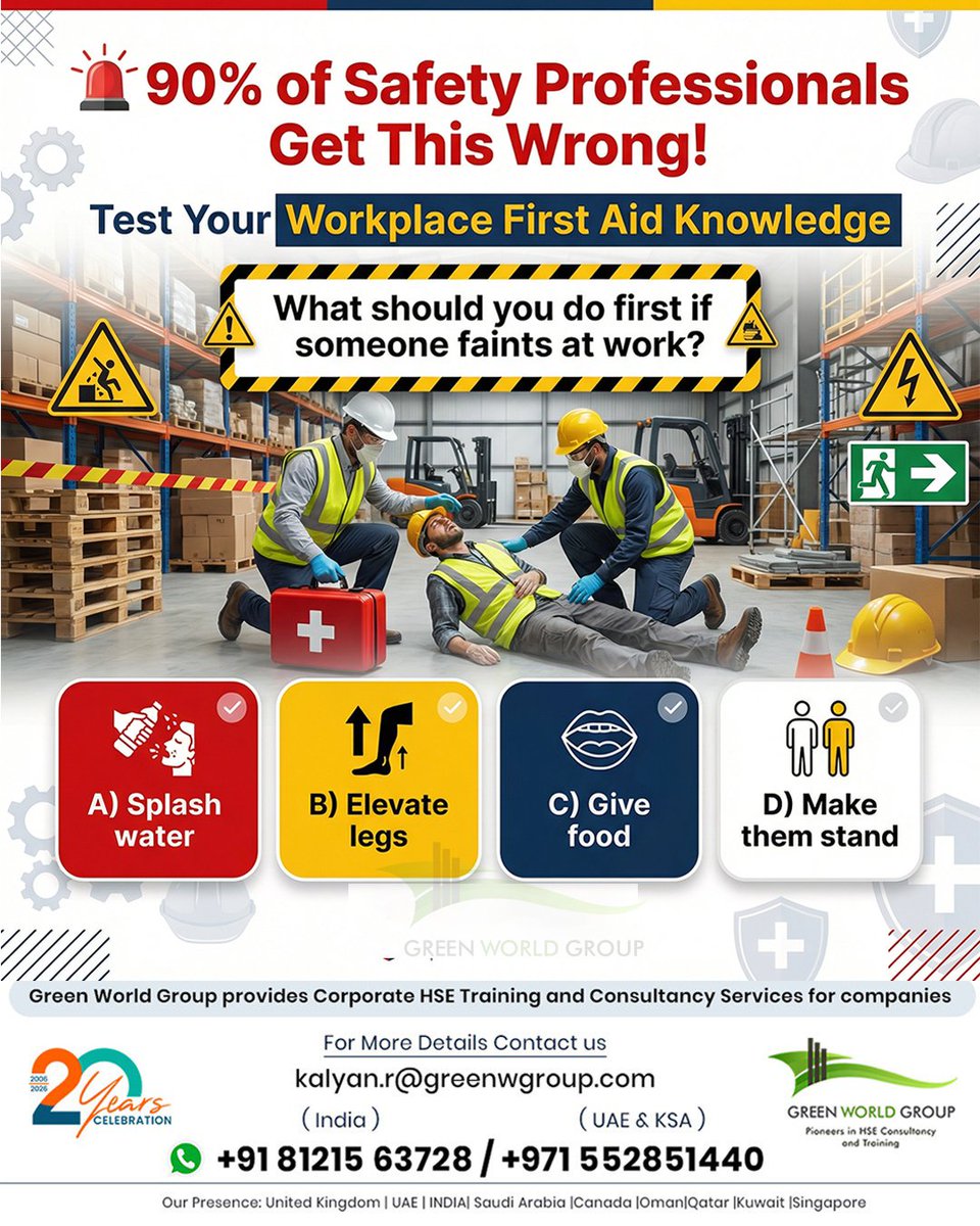 greenwgroup's tweet image. 🚨 Safety Quiz Time! 🚨
When someone faints at work, what should you do first? 🤔
👇 Drop your answer in the comments!
💡 Quick tip: Acting fast—and correctly—can make all the difference in an emergency. Are you prepared?
#SafetyQuiz #WorkplaceSafety #FirstAid #StayPrepared
