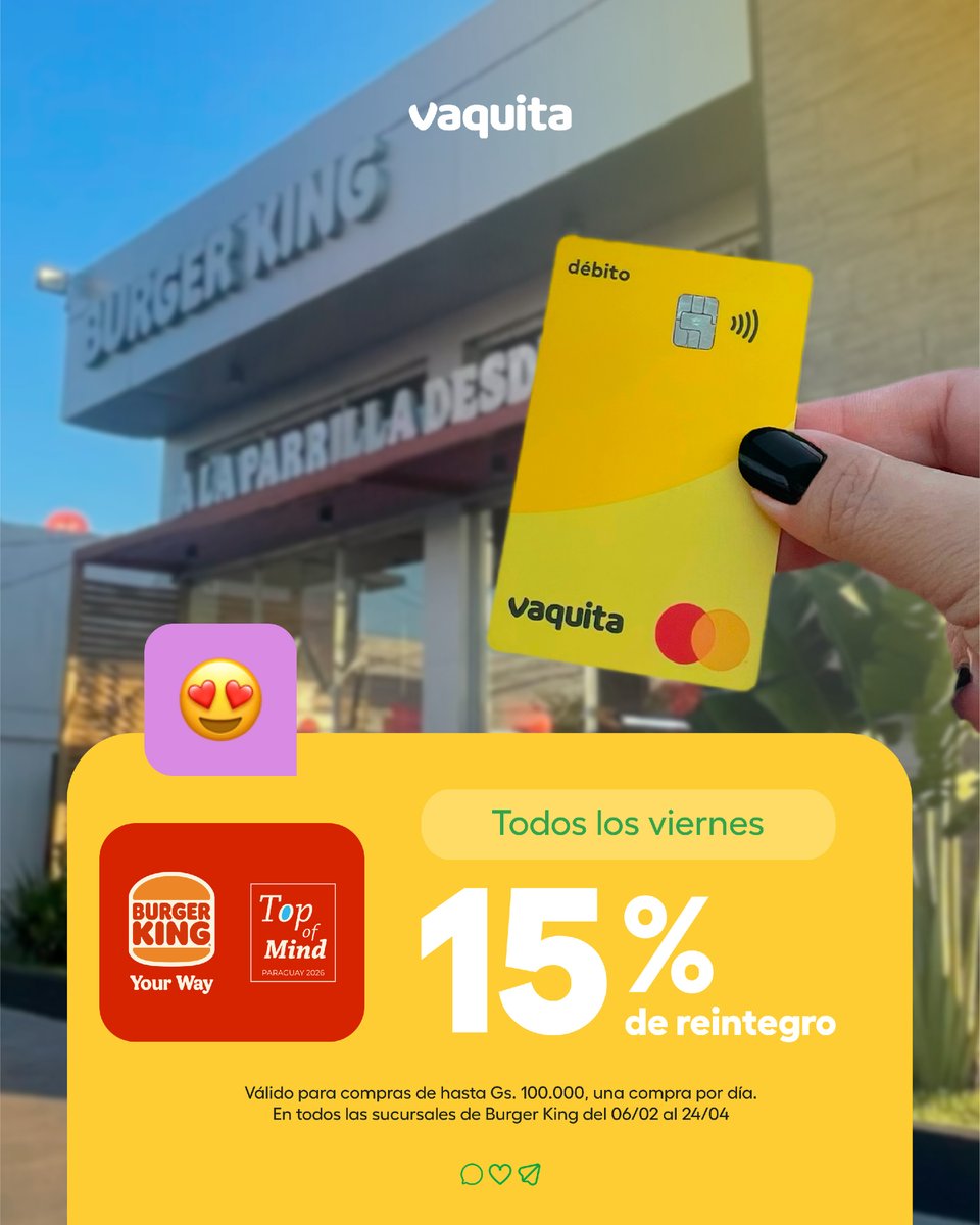 elreydebk's tweet image. ¡Tus viernes tienen más descuentos y sabor! 😎

Disfrutá el 15% de reintegro pagando con tu @appvaquita ✨

*Válido hasta el 24 de abril de 2026. En todos los locales.

Elegí Burger King, #YourWay 👑