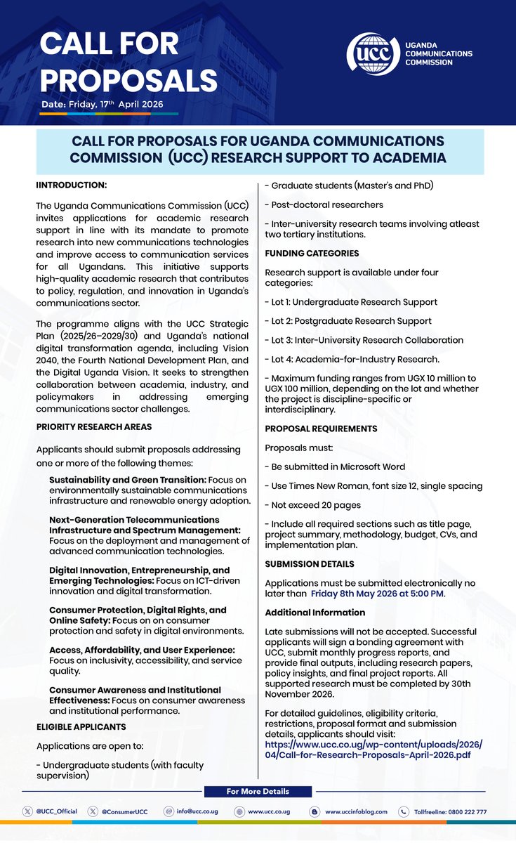Call for Proposals: We invite applications for academic research support in key ICT priority areas. From undergraduate to postdoctoral level, funding is available for impactful research advancing Uganda’s national digital transformation agenda.

Focus areas:
-  Emerging