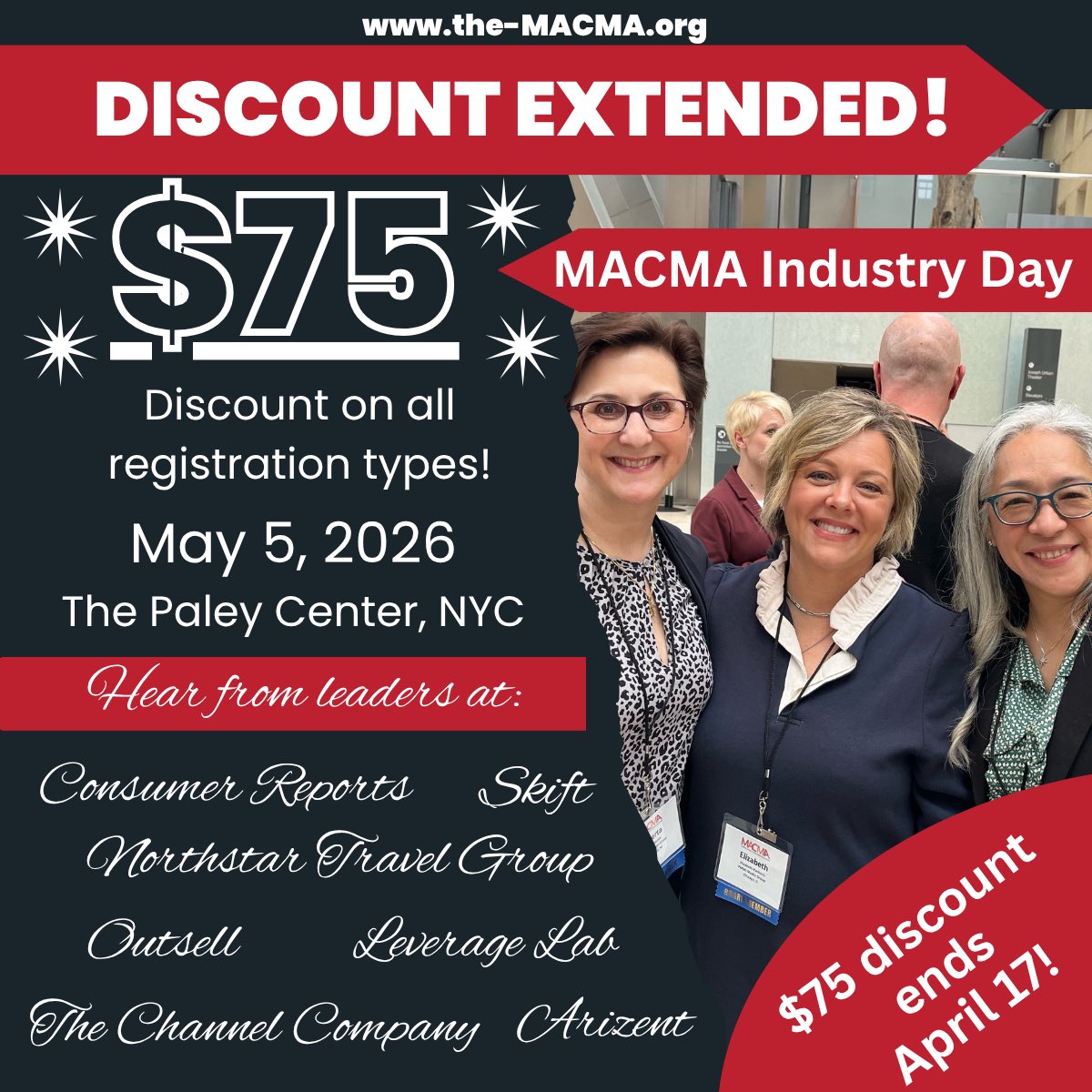 The_MACMA's tweet photo. MACMA's NYC Industry Day has a new home at The Paley Center for Media! 

💲 💸 The discount on all registrations has been increased to $75! 💲 💸
And extended through Friday, April 17. Don't miss out! Register today: https://t.co/UHnzYIcvV0 https://t.co/ZUeRcnZ2Sx