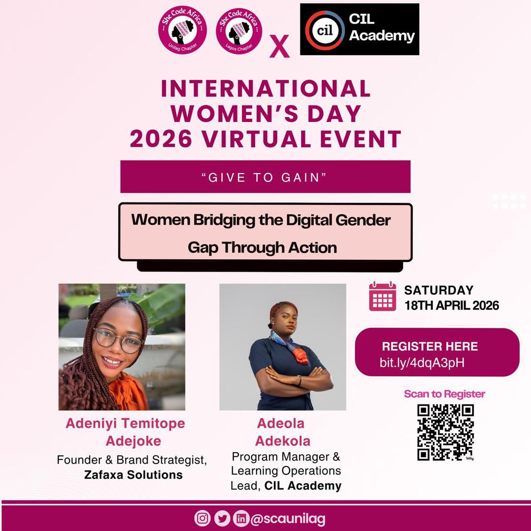 ScaUnilag's tweet image. Join us this International Women’s Day 2026 as we have real conversations on how women are actively bridging the digital gender gap not just in words, but through action.

Featuring amazing women doing the work and leading the change 👏🏽

Register: bit.ly/4dqA3pH

#sca
