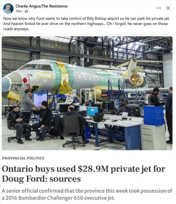 roulinski's tweet image. Now we know why @fordnation wants to take control of Billy Bishop airport, so he can park his private jet.
Charlie Angus
#DougFord #Corruption