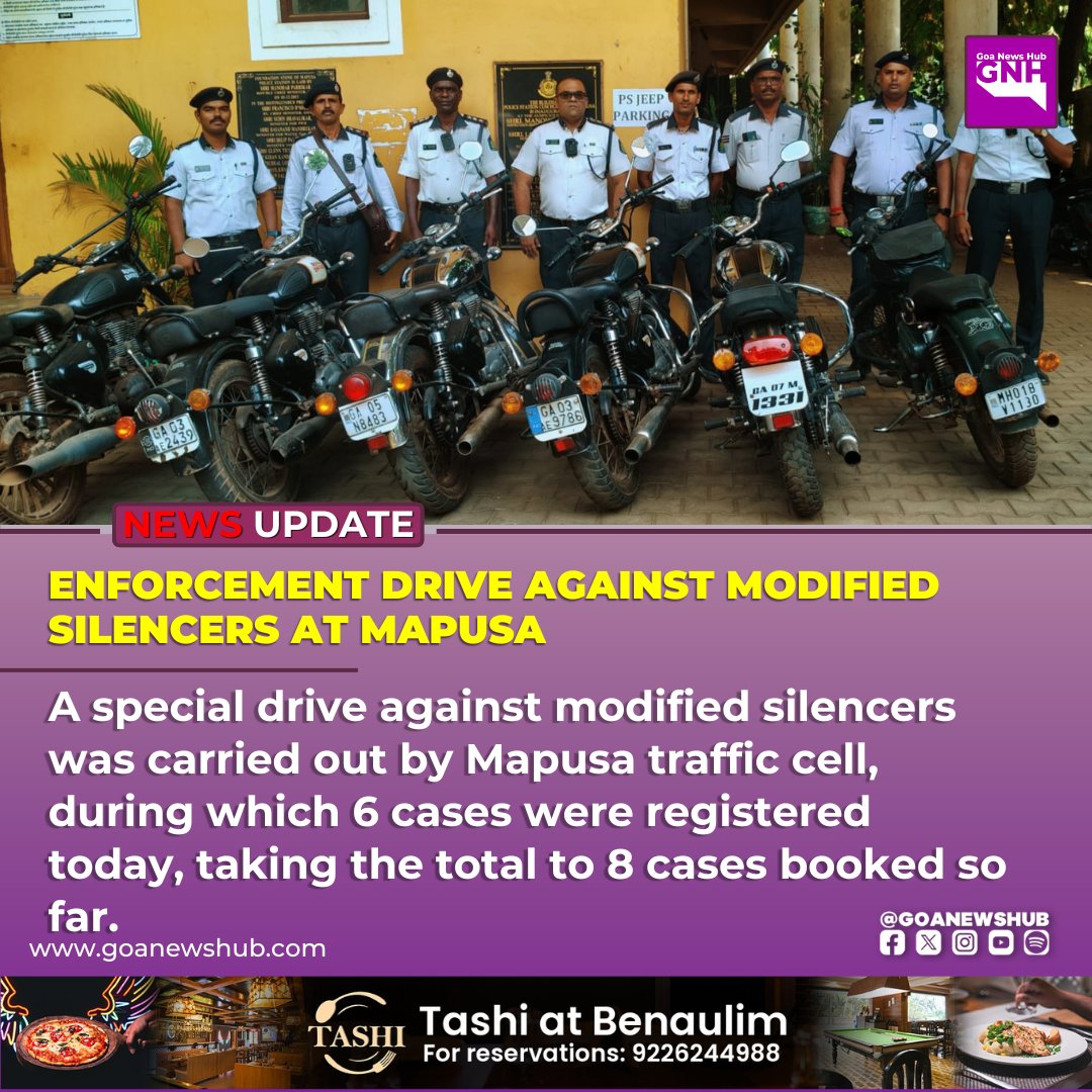 goanewshub's tweet image. Enforcement Drive Against Modified Silencers at Mapusa

A special drive against modified silencers was carried out by Mapusa traffic cell, during which 6 cases were registered today, taking the total to 8 cases booked so far.

#goanews #mapusa #goapolice #trafficpolice