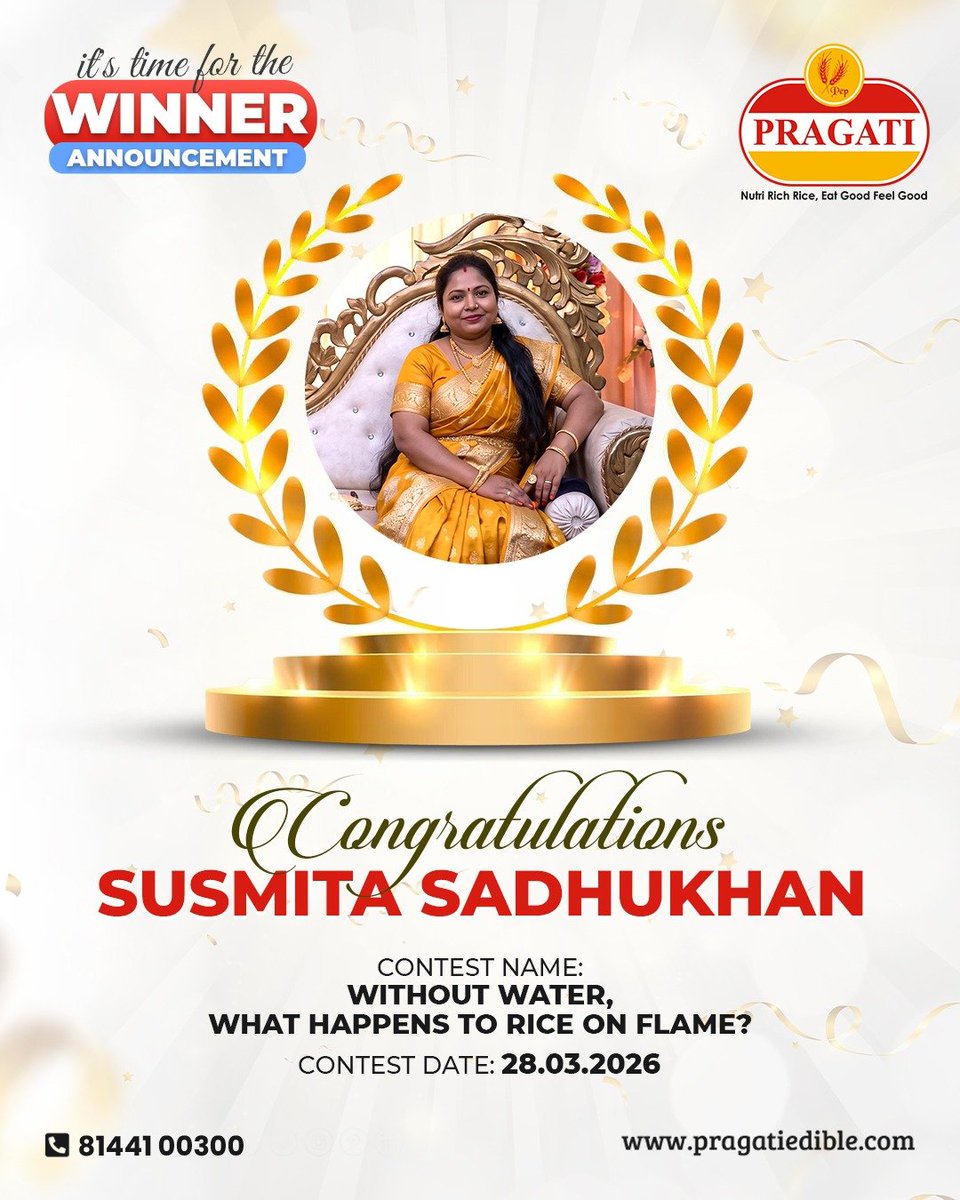 PragatiEdibles's tweet image. 📣 We're thrilled to announce the #Winner of 𝐆𝐮𝐞𝐬𝐬 𝐓𝐡𝐞 𝐑𝐢𝐜𝐞 𝐂𝐨𝐧𝐝𝐢𝐭𝐢𝐨𝐧 𝐖𝐢𝐭𝐡𝐨𝐮𝐭 𝐖𝐚𝐭𝐞𝐫 #Contest!

Congratulations 𝐒𝐮𝐬𝐦𝐢𝐭𝐚 𝐒𝐚𝐝𝐡𝐮𝐤𝐡𝐚𝐧! 

Contest link -  instagram.com/p/DWbTok0lmeS/

#Pragati #Rice #NutriRichRice #ContestWinner #ContestAlert