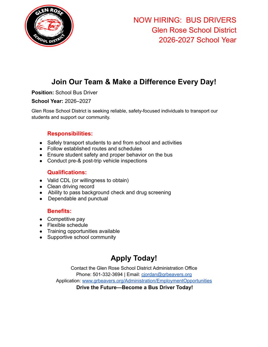 GlenRoseSD's tweet photo. Now Hiring: Bus Drivers https://t.co/ZpvILBvka3 via @ParentSquare https://t.co/zBBLuXdx1I