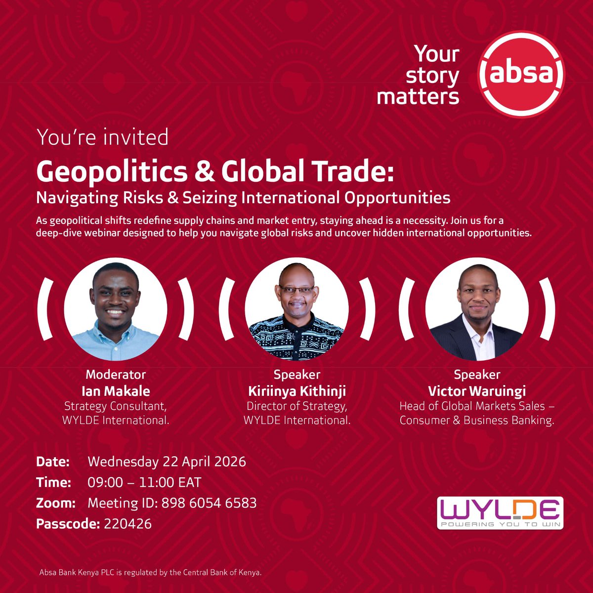 AbsaKenya's tweet image. Geopolitics isn’t just headlines, it’s business strategy.

Join this webinar: Geopolitics &amp;amp; Global Trade: Navigating Risks and Seizing International Opportunities

📅 Apr 22 | ⏰ 9–11AM (EAT)

Register now: us02web.zoom.us/webinar/regist…

#WeGetIt #WeSeeYourStory #WezeshaBiashara