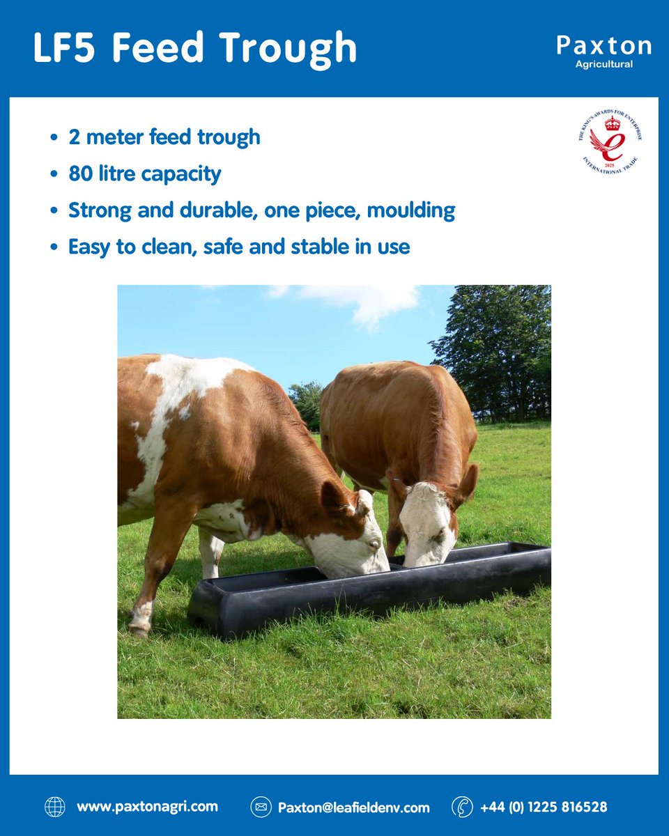 paxton_agri's tweet image. Our LF5 Feed Trough provides a 2m length with 80L capacity and a strong one-piece moulded design. Easy to clean and stable for everyday livestock use.

Find out more 👇
paxtonagri.com/product/lf5fee…

#livestock #agriculture #feedtrough #ukmade #Paxton