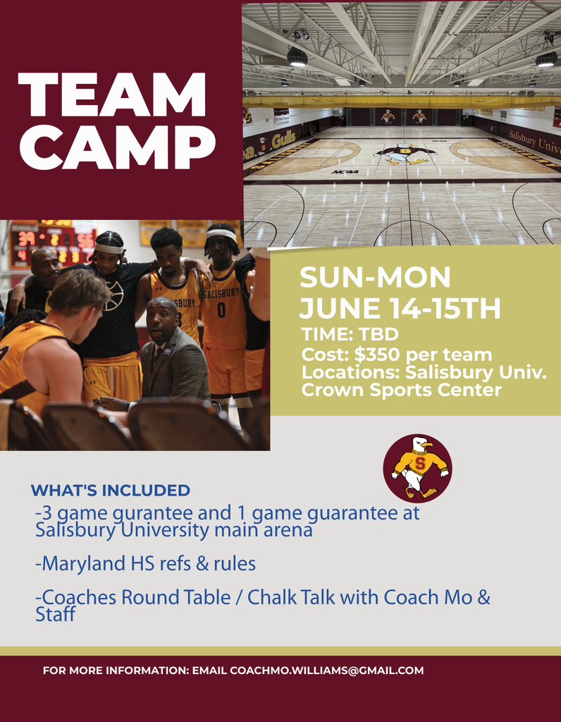 SalisburyMBK's tweet photo. Team Camp Details and Registration ⬇️

🗓️: Sunday &amp; Monday June 14-15th  
💴: $350 per team 
📍: Salisbury University Maggs PAC &amp; Crown Sports Center.  

https://t.co/zBKf8MAA3t https://t.co/4JjeKTZC1M