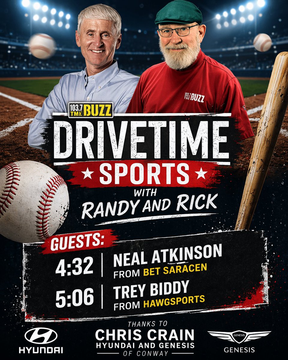 1037TheBuzz's tweet image. Coming up on #DriveTimeSports with @RRainwater1037 and @RickSchaeffer1 

4:32 @NealAtkinson9 from @BetSaracen 
5:06 @TreyBiddy from @HawgSports thanks to @ConwayHyundai and Genesis of Conway
@dougkramerlive 

#Arkansas #ArkansasRazrobacks #Razorback #RazorbackFootball