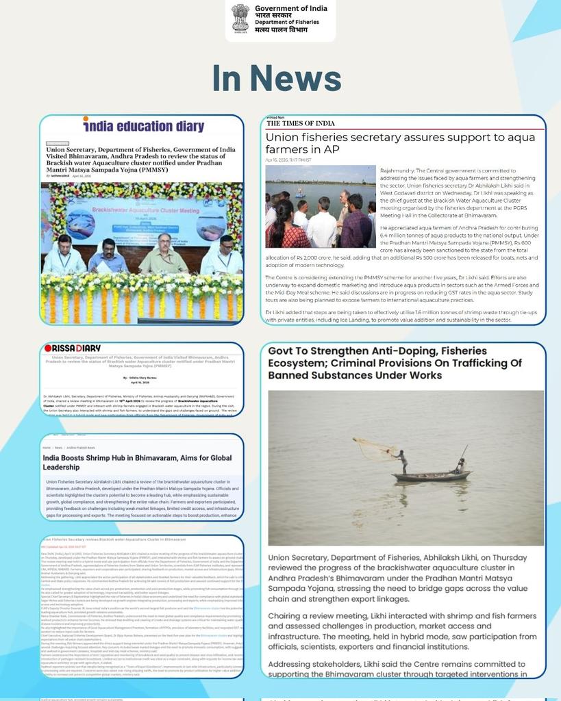 FisheriesGoI's tweet image. Strengthening India’s aquaculture ecosystem and Blue Economy 🐟 — media coverage highlights key outcomes from the visit to Bhimavaram Brackishwater Aquaculture Cluster; read the article- 
lokmattimes.com/business/union…
#AquacultureIndia #PMMSY #BlueEconomy
