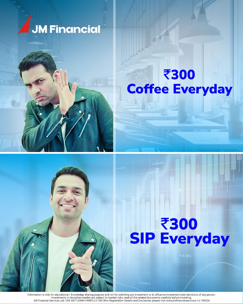 JMFSLtd's tweet image. Your daily ₹300 coffee feels harmless.
But ₹300 into an SIP? That’s quiet wealth in the making.

Same money.
Different habit.
Completely different outcome.

It’s not about cutting coffee.
It’s about choosing what compounds

#SIP #WealthBuilding #PersonalFinance #InvestingHabits