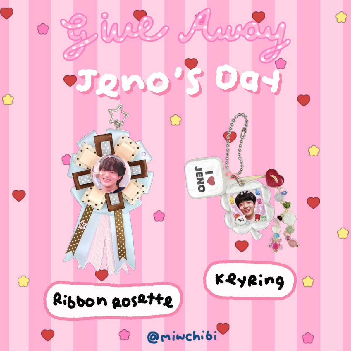 pls rt 

giveaway happy jeno’s day (.◜◡◝)💘
🐶ribbon rosette &amp; keyring 

⭐️random from retweet only
date : 23/04

📨 shipping fee 40.-

#HAPPYJENODAY #JENO