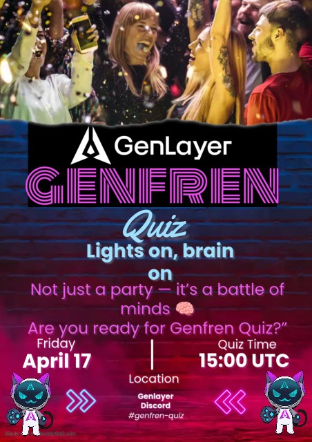 InesOktasa's tweet photo. Genfren Quiz tonight!
don’t be late!
Test your knowledge & earn XP 💡
Quiz Time: Friday, 15:00 UTC
Location: @GenLayer Discord (#genfren-quiz)
🏆 Rewards
10 ✅ → 2500 XP + Certified GenFren (1 week)
9 ✅ → 2250 XP
8 ✅ → 2000 XP
7 ✅ → 1750 XP
Join up & let’s go 🔥
#GENm https://t.co/YjISjZSYVZ