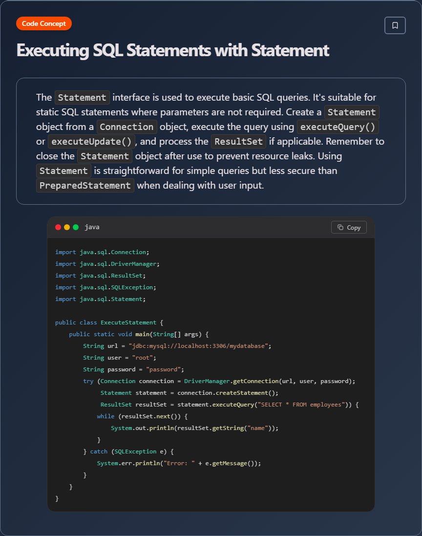 techielearnapp's tweet image. ✨ Executing SQL Statements with Statement (Java)

#Java #JavaDev #OOP #Backend #100DaysOfCode #DevLife