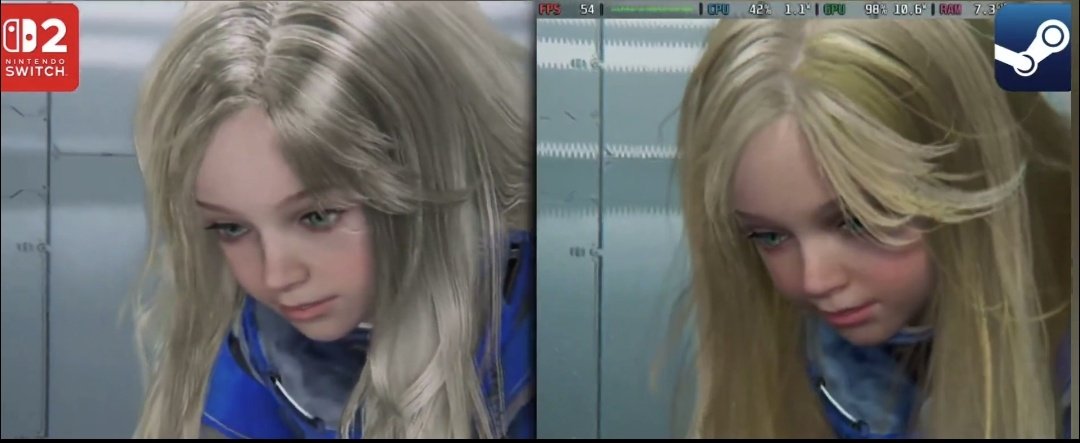 TRIPSTER0's tweet image. Pragmata 

Steam Deck(LS) VS Switch 2(DLSS)

Steam Deck blows the Switch 2 out of the water, specially on hair physics and picture quality and rendering, definitely you can see alot less dithering on the Steam Deck.

#SteamDeck 💪
#Switch2 🤦‍♂️