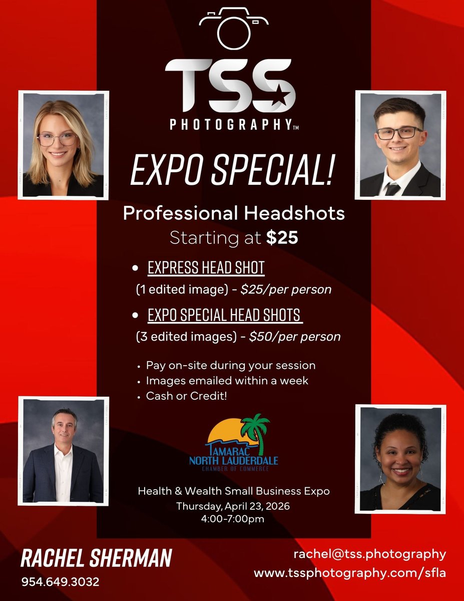 TNLCOC's tweet photo. Having a professional headshot is important for you and your business. Only $25 at the RISE Health Wealth Small Business Expo 04/23 https://t.co/WTE1WmAPc8 #expo #tamarac #smallbusiness https://t.co/Vu31E77qRA