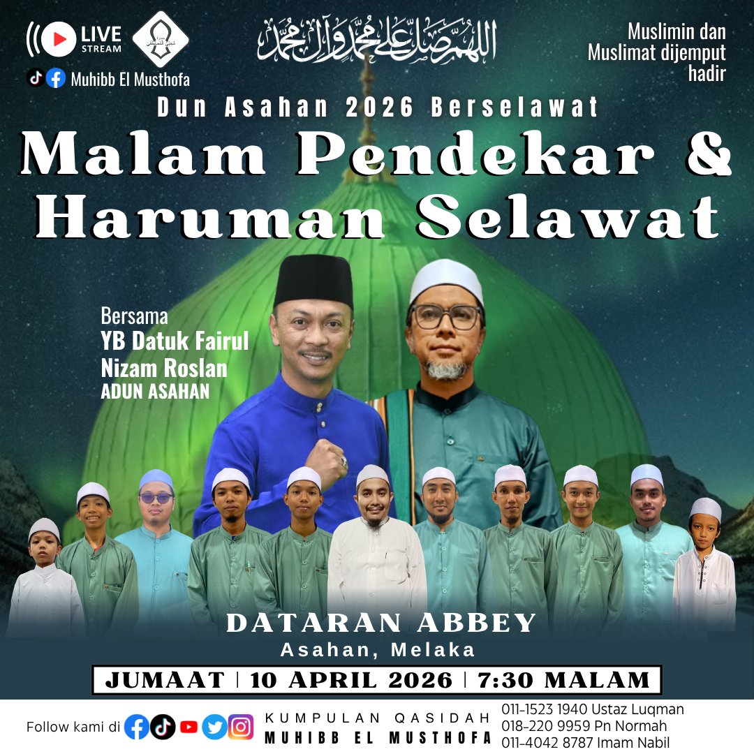 MuhibbLMusthofa's tweet image. Suasana Majlis Malam Pendekar &amp;amp; Haruman Selawat diDataran Abbey, Asahan Melaka pada Hari Jumaat 10/4/26 bersama YB Datuk Fairul, Habib Musdiq Al Muhdor, para Guru Silat &amp;amp; ahli Silat Dun Asahan.

Alhamdulillah

#selawat #Silat #DunAsahan #maulid #cintarasul #cintaahlibaitNabi