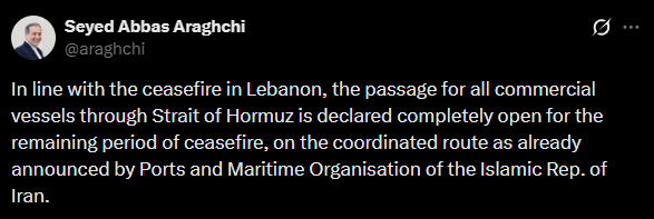 StackerSatoshi's tweet photo. Oil is down another -12% today as Iran's foreign minister announced that the Strait of Hormuz is completely open, with the conditions that the ceasefire continue and ships use a route coordinated with Iran. https://t.co/5WJOh8dguL