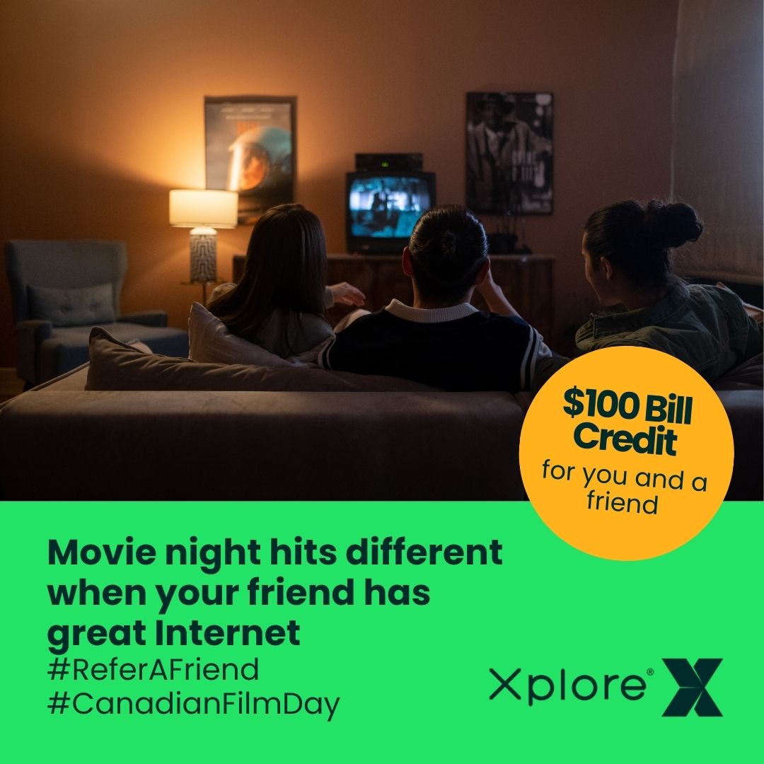 xplore_ca's tweet image. Movie night hits different with great Internet! 🎬
Give your friend better Internet for streaming timeless Canadian content — and when they join in April, you BOTH get a $100 bill credit.
Start here: xplore.ca/shop/refer-a-f…
#ReferAFriend #XploreInternet #NationalCanadianFilmDay