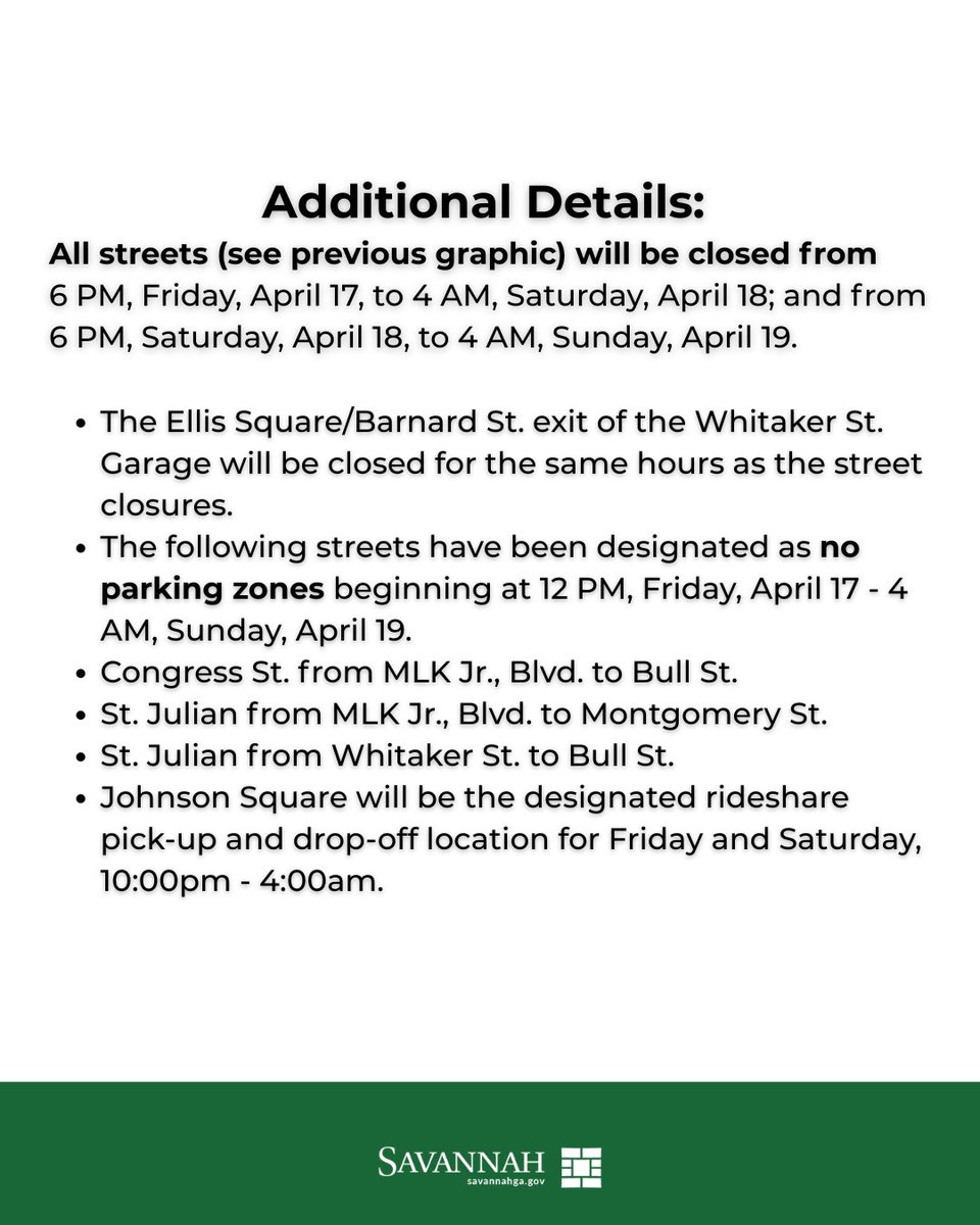 cityofsavannah's tweet image. #Savannah : As large crowds are expected downtown this weekend, the City has designated April 17–19 as a Major Special Event to support public safety and traffic flow. Impact will begin today at 12 PM (noon) as no parking zones will be enforced.

See below for details.