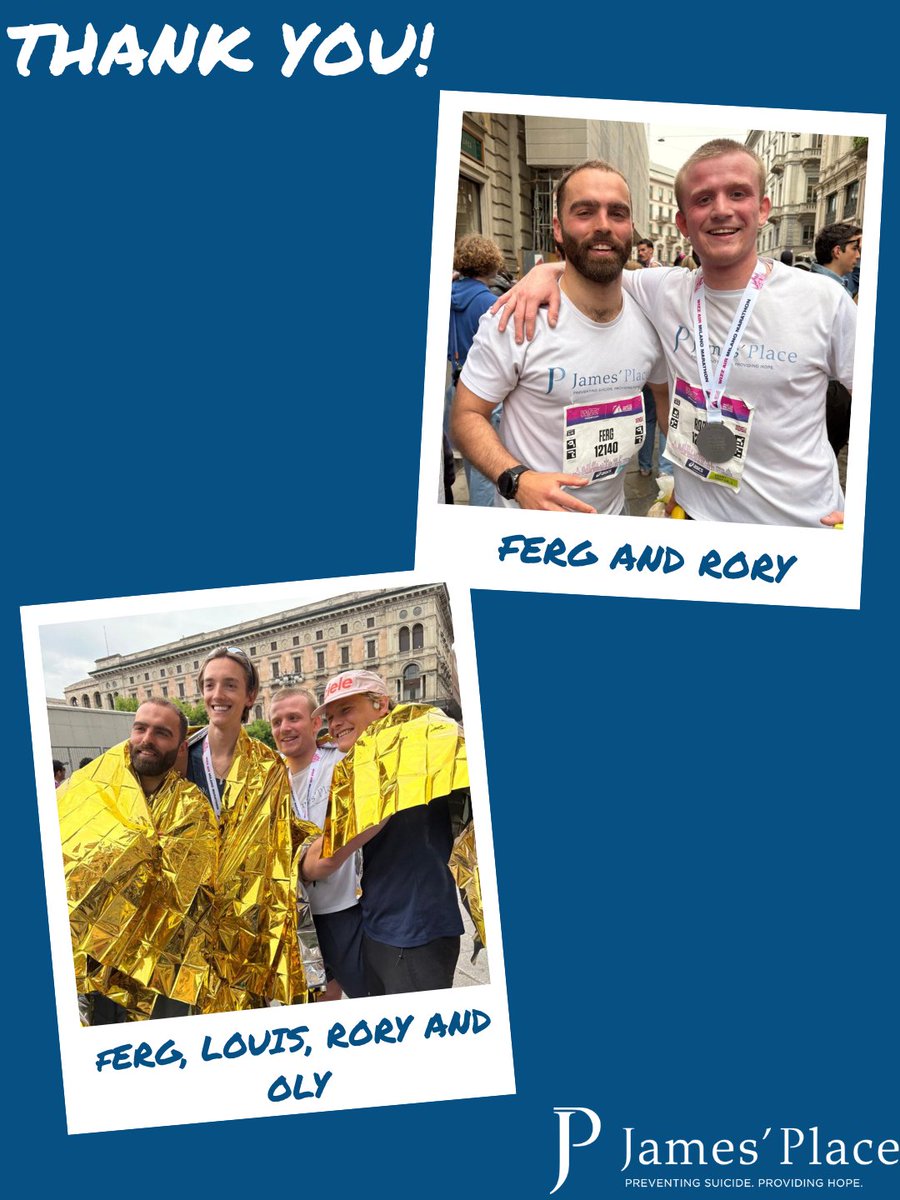 JamesPlaceUK's tweet photo. This #FundraisingFriday, we’re celebrating Ferg, Rory, Oly and Louis, who took on the Milan Marathon last weekend in support of James’ Place 💙 https://t.co/gquI0sdozm