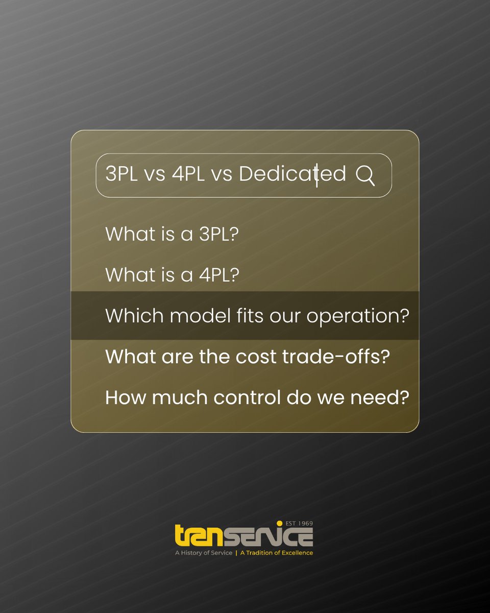 TranserviceInc's tweet photo. Planning your 2026 supply chain? Understanding when to use 3PL, 4PL, or dedicated models can define your cost structure, control, and performance. Here's a practical breakdown to guide the decision: 👉 https://t.co/BViB5xnS4a https://t.co/t5VWcF3IFb