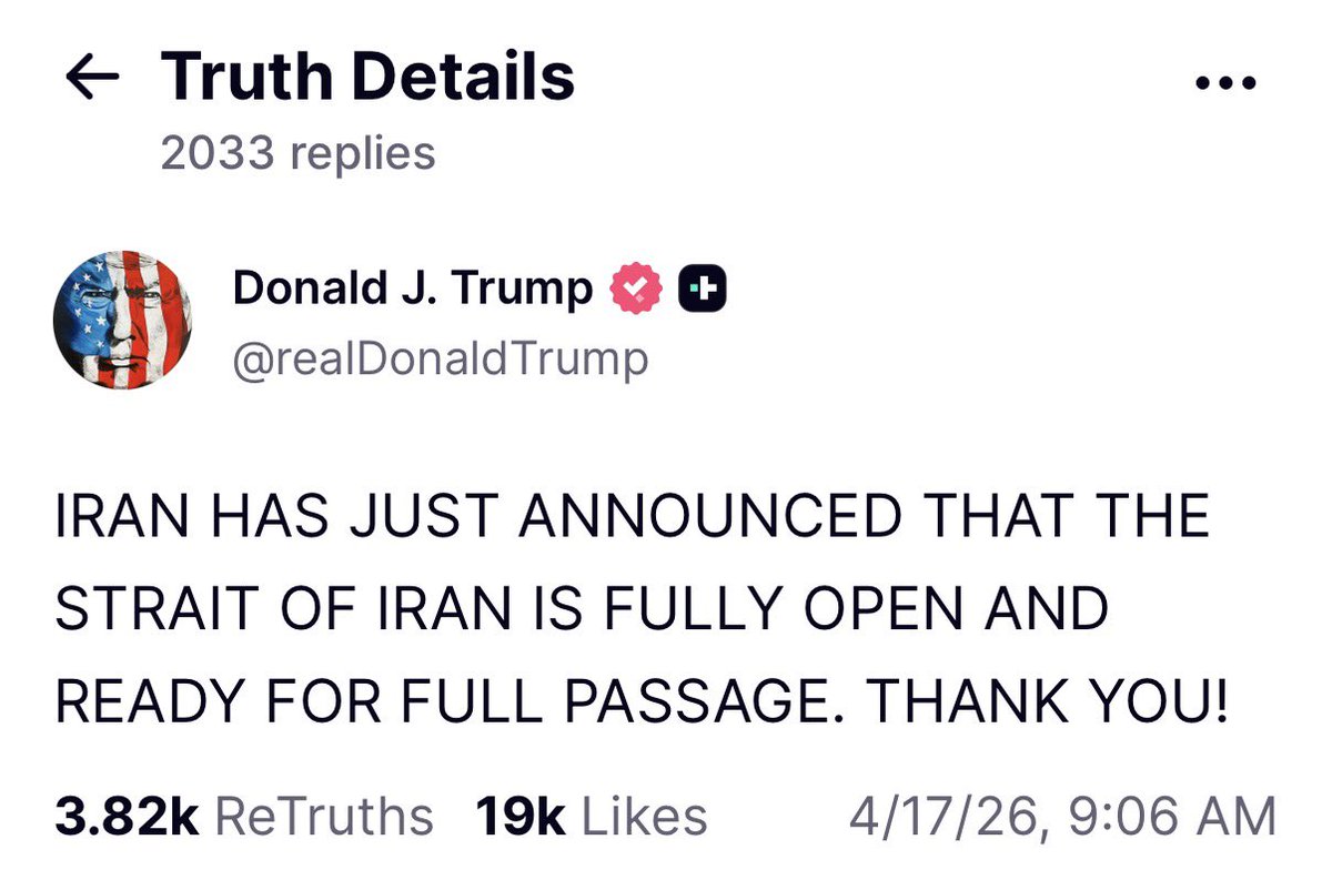 Trump just publicly referred to the Strait of Hormuz as the “Strait of Iran.” Not only does this look like total capitulation from his administration but I am trying to imagine the GOP/Fox response if Joe Biden had said this.