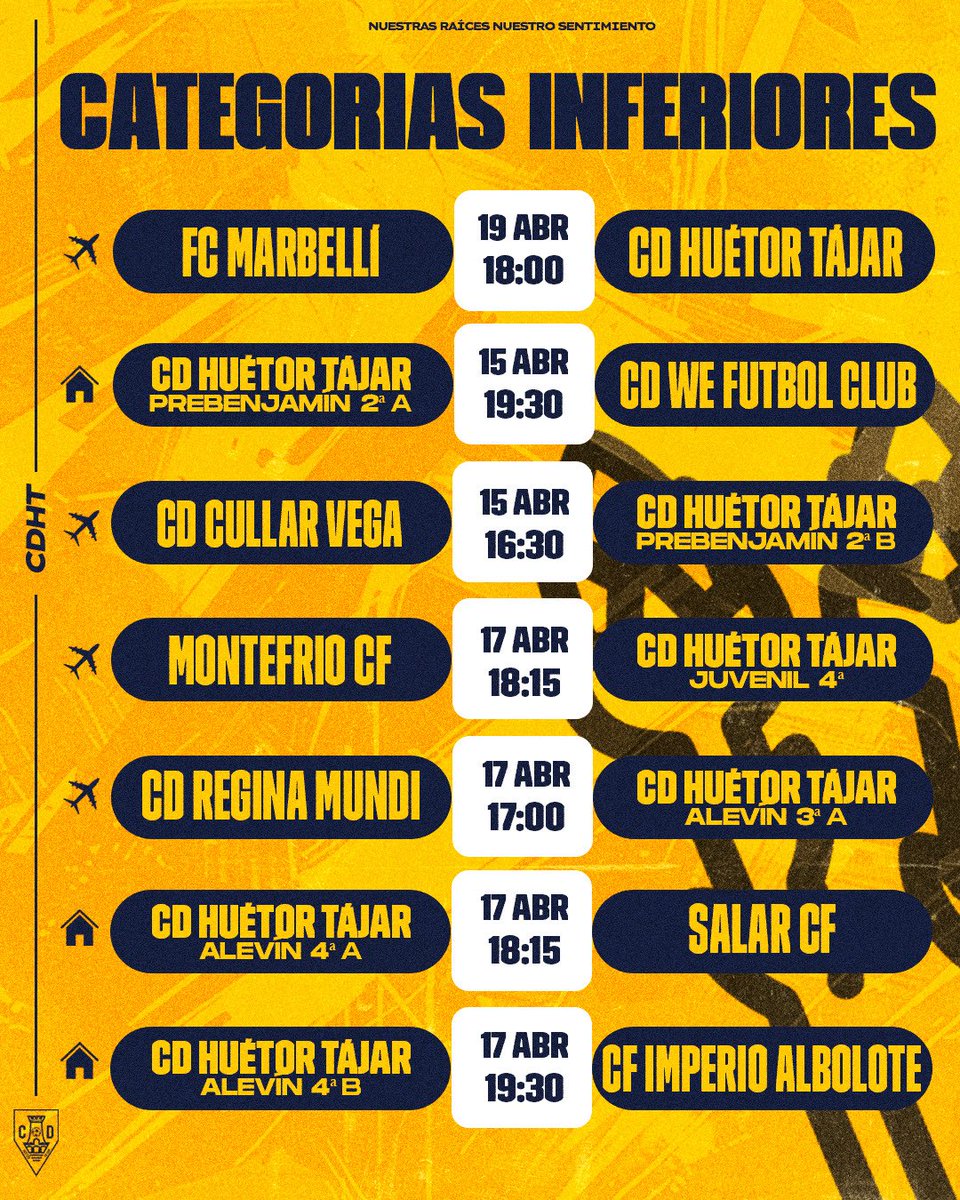 CDHuetorTajar's tweet photo. 📅⚽ Agenda de la cantera: estos son los encuentros de nuestros equipos base para este finde. ¡No faltes!

#CDHT #CESURCA https://t.co/Zr19tKWWPk