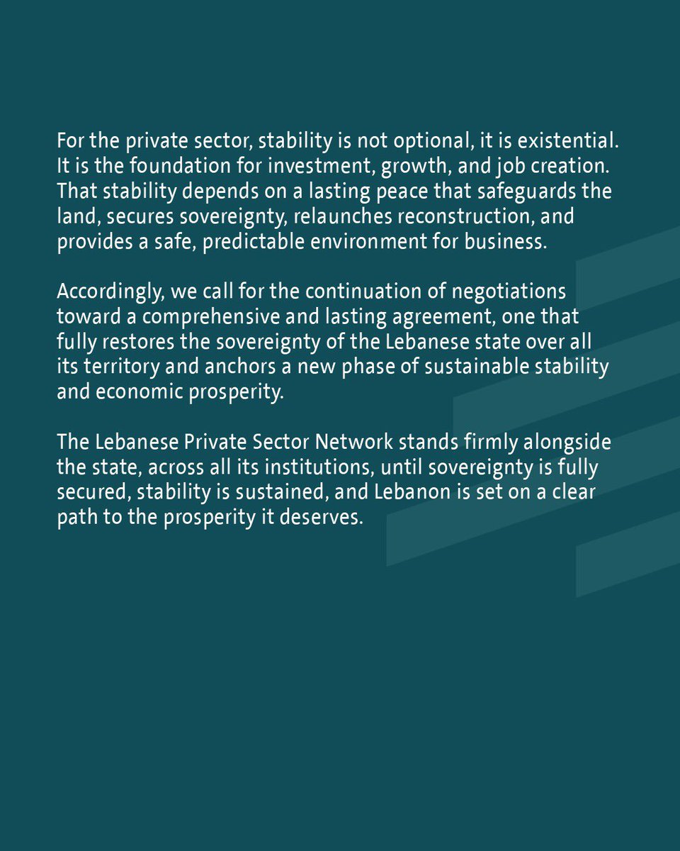 LPSN_Network's tweet photo. The Lebanese Private Sector Network welcomes the success of President Joseph Aoun in securing a ceasefire, an essential step toward restoring stability and placing Lebanon on a credible path to recovery.

https://t.co/JY6cp4JdIU

#Negotiations #ceasefire #Lebanon #sovereignty_stability_prosperity #PrivateSector #negotiations
