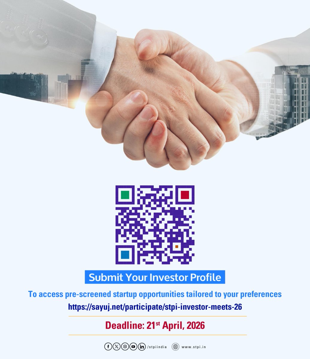 stpiindia's tweet image. Thread 2:

Investors,
Submit your interest and step into an exclusive league of Investor Connect Programs across India, powered by STPI.

Submit your investor profile now:
sayuj.net/participate/st…

Last date to register: 21st April, 2026

#Startups #STPIINDIA #AI #Innovation