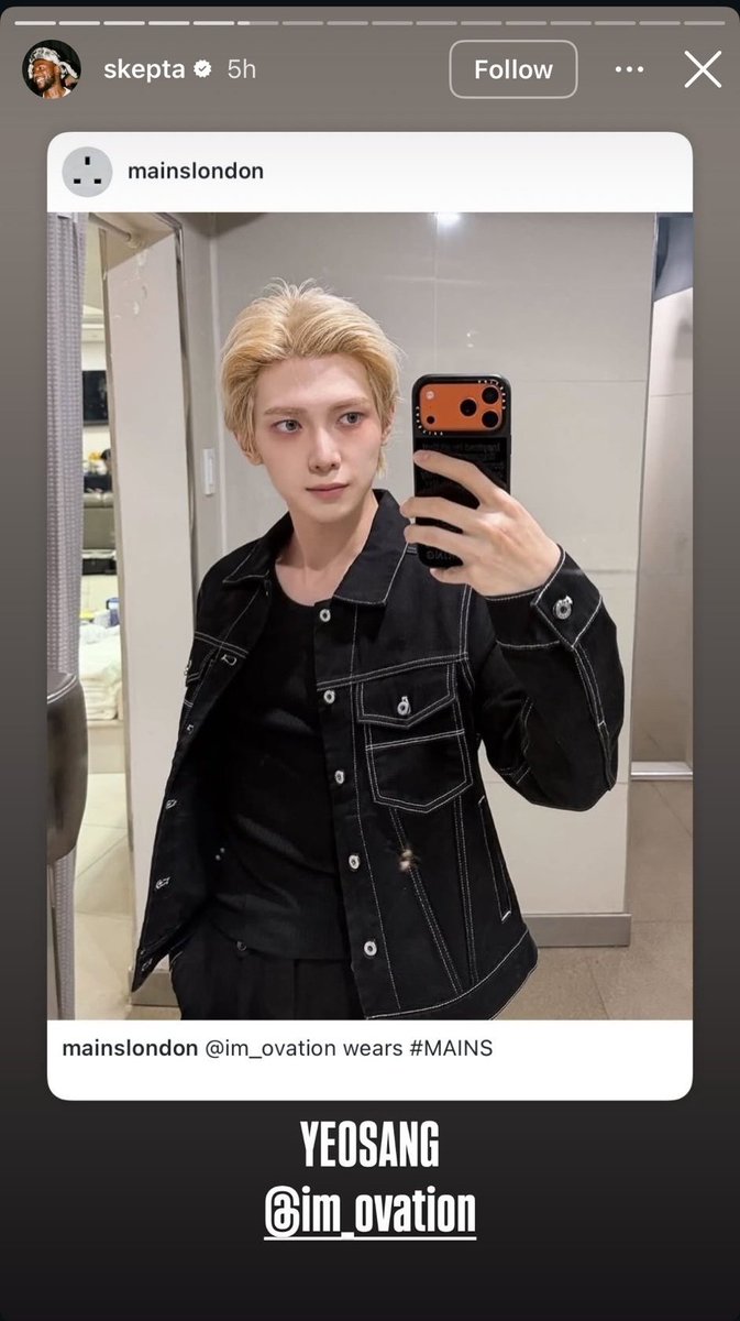 YeosangGlobal's tweet image. Skepta, a famous rapper and producer, posted yeosang wearing his brand #MAINS

🔗instagram.com/p/DXOVuGajkX7/