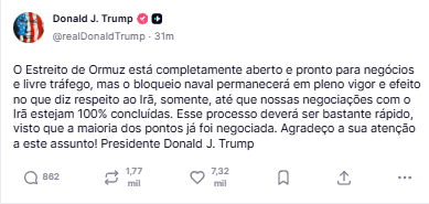 OprOpressor's tweet photo. 🚨 BREAKING: Estreito de Ormuz é declarado aberto para navegação global, mas bloqueio naval dos EUA contra o Irã permanece ativo até a conclusão de um acordo — enquanto negociações estão avançadas, segundo Trump. https://t.co/Up9BnlNzZZ