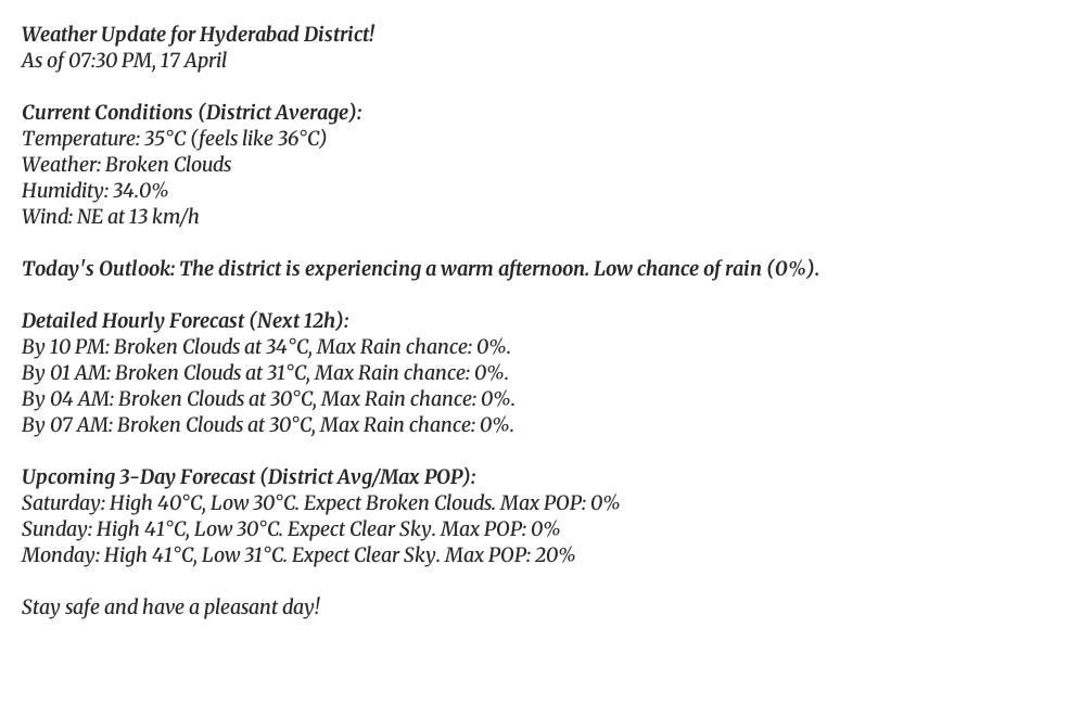 HyderbadWeather's tweet image. Good evening, Hyderabad! 👋
It's currently 35°C (feels like 36°C) with Broken Clouds.
Tomorrow: Broken Clouds, high of 40°C.
#Heatwave #Cloudy #weatherupdate #Hyderabad