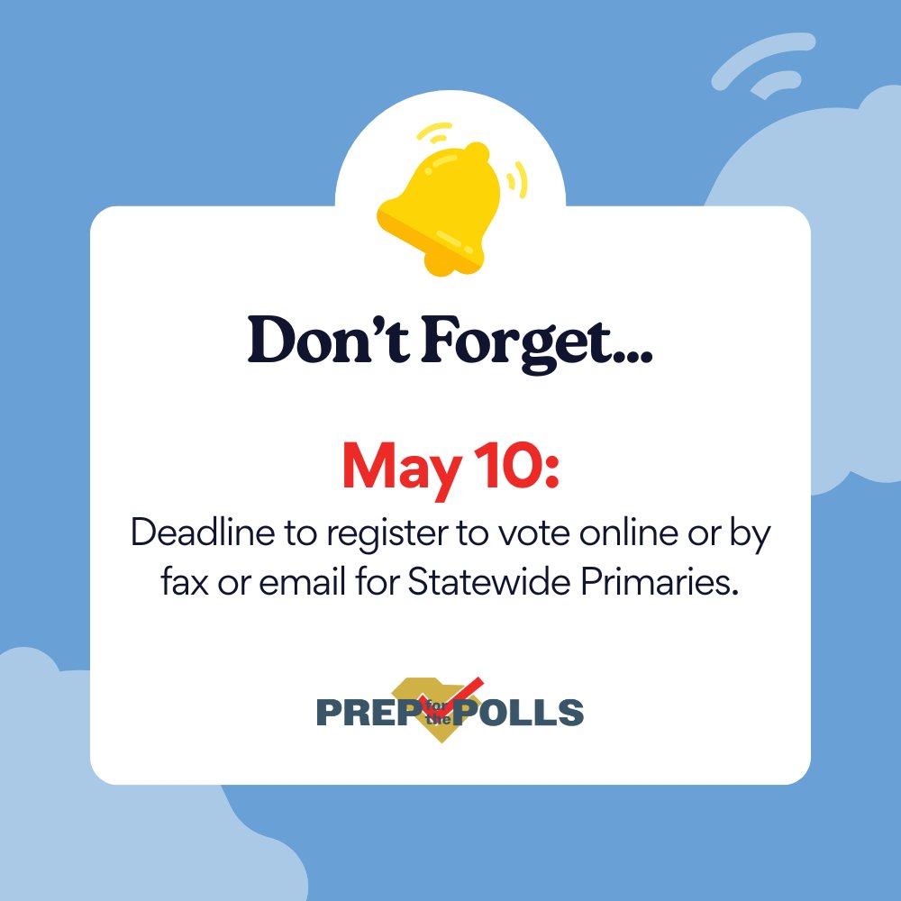 scvotes's tweet image. Don’t wait until it’s too late ⏰ May 10 is the last day to register to vote online for the Statewide Primaries. Make sure you’re registered and ready before the deadline so you can have your voice heard on Election Day. ✅

scVOTES.gov🔗
