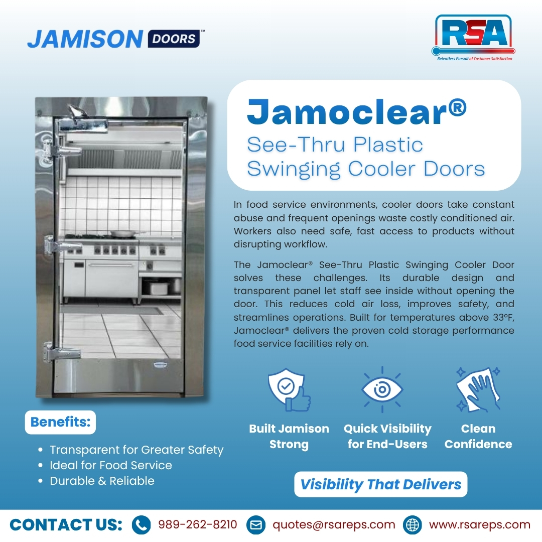 RSAREPS's tweet photo. Streamline your operations with visibility that delivers. The Jamoclear® See-Thru Plastic Swinging Cooler Door by Jamison Doors is the ultimate solution for busy food service environments. 

📧 quotes@rsareps.com
🌐 https://t.co/Tkq5rPBirs 

#rsareps #JamisonDoors https://t.co/ivYjxCT3vv