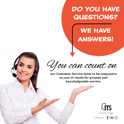 MSDeptofITS's tweet image. Do you have questions? We have answers! You can count on our Customer Service team to be responsive to your IT needs for prompt and knowledgeable service. Visit our Customer Support Services page today at its.ms.gov/helpdesk.

#MississippiITS #ITServices #FAQFriday