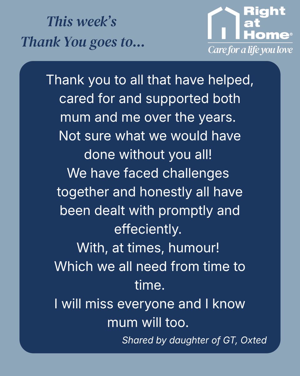 RightatHomeRC's tweet photo. A heartfelt thank you to our incredible care team who cared for our GT, Oxted 💐  

Our domiciliary and live-in care staff have supported our client over many years with compassion, dedication, and professionalism. You all made a huge difference to GT and her daughter 💙 https://t.co/nsUZ41PuIZ