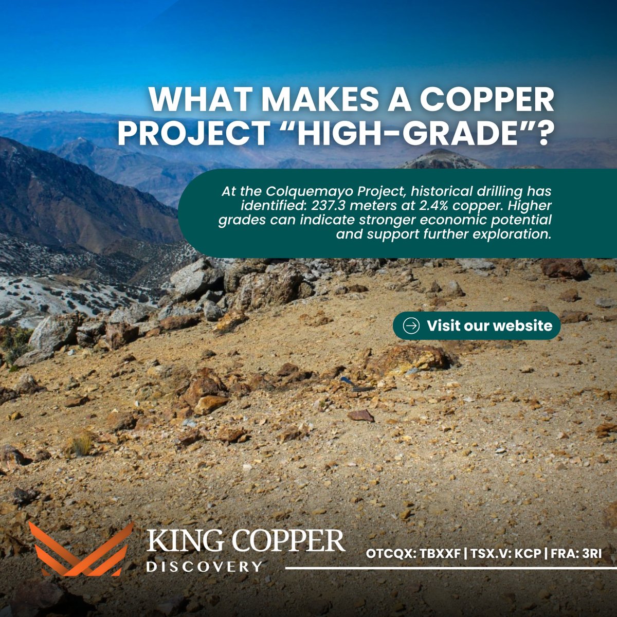 KingCopperCorp's tweet photo. Not all #copper discoveries are the same ⛏️

In exploration, grade plays a key role, and higher-grade intervals can point to stronger potential as a project advances.

We are focused on advancing the Colquemayo Project in Peru, building on historical results that highlight significant copper mineralization.

Learn more: https://t.co/BH1GtsLFtZ

🇨🇦 #TSXV: $KCP | 🇺🇸 #OTCQX: $TBXXF | 🇩🇪 #FSE: #3RI

#mining #exploration