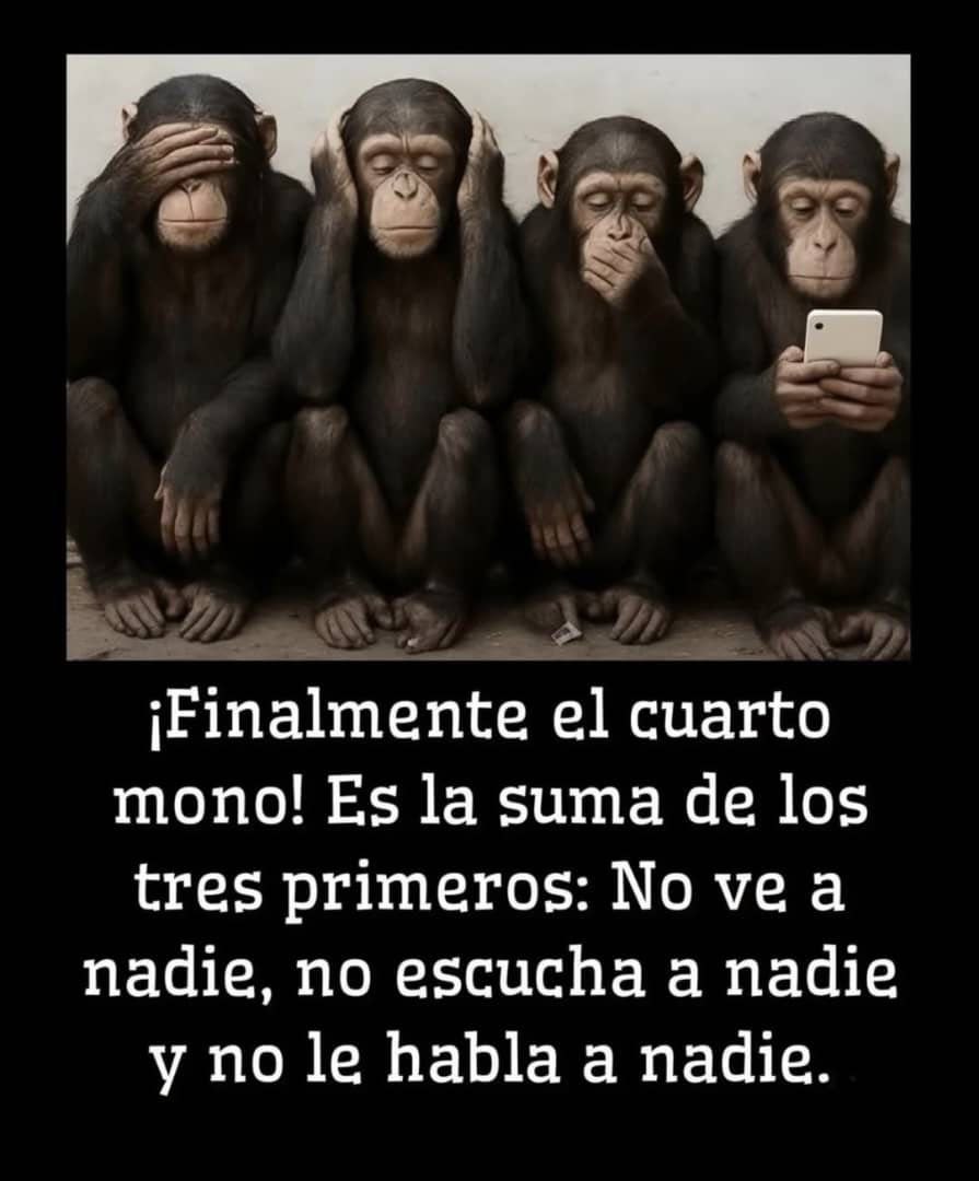 netlearning20's tweet image. El cuarto mono ha llegado para quedarse. 🥲 Absorto en su dispositivo, plantea una nueva forma de ceguera. ¿Qué opinas?  

#sociedad #tecnología #humor
