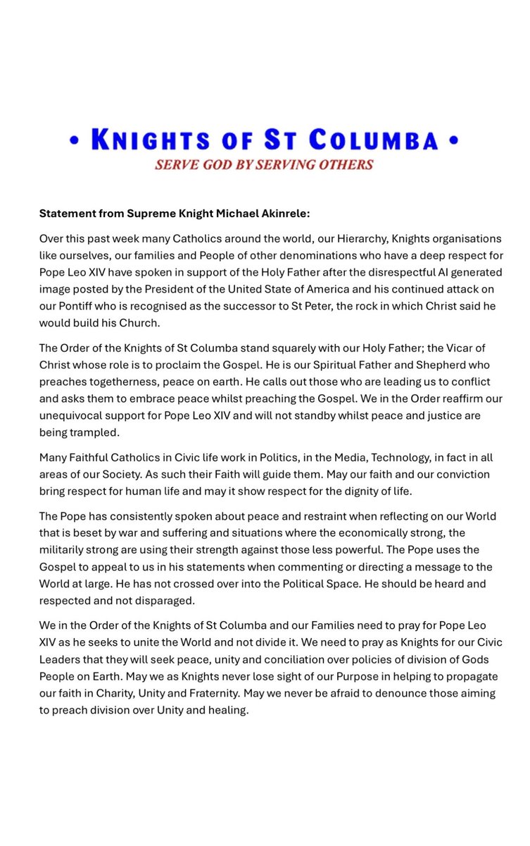 greggotaylor's tweet photo. A statement by the Supreme Knight. #pope #catholic #unity #peace #dialogue #usa https://t.co/xirnCqUV3Y