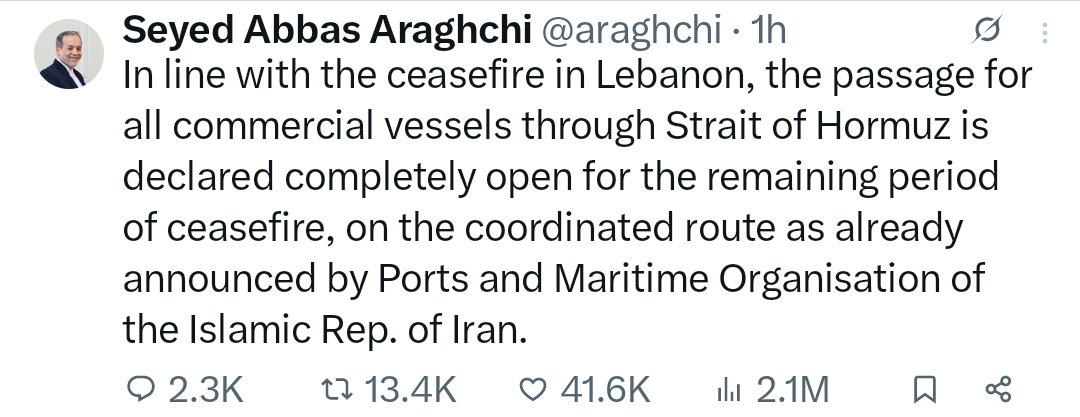 SuryakantVichar's tweet image. BREAKING..
➡️🇮🇷Iran ने Strait of Hormuz को सभी Commercial जहाजों के लिए खोल दिया है Ceasefire Period तक.
➡️पर Trump ने कहा🇺🇸 Naval Blockade Countinue रहेगा जब तक पूर्ण युद्धविराम न हो जाता .
#StraitofHormuz #Ceasefire #IranIsraelUSAWar #Iran #Hormuz #Israel