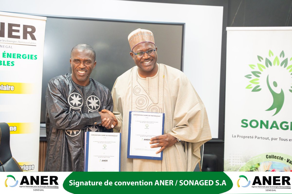 anersenegal's tweet image. 17 avril 2026 - L’ANER et la @sonagedsa 
ont signé une convention-cadre pour promouvoir la valorisation des déchets et le développement des énergies renouvelables au Sénégal.  

#ANER #SONAGED #VEROUS