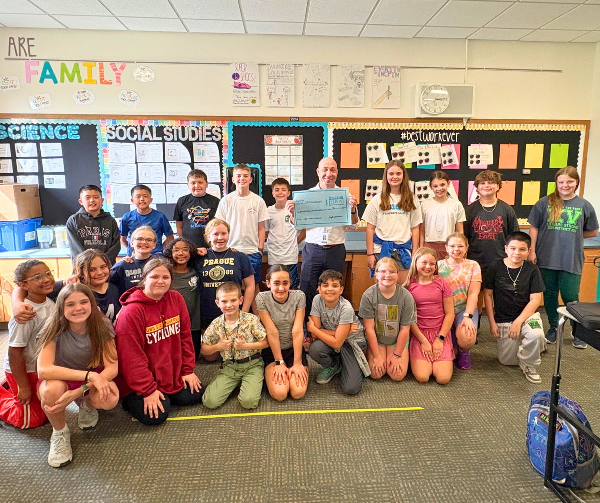 dist105's tweet photo. The Eagle Leaders Student Leadership Team at Seventh Avenue sold candy canes, ring pops, and smencils throughout the year to raise money for The D105 Foundation. This week, they had the opportunity to present their check for $1,385.75 to Dr. Ganan! Way to go, Eagle Leaders! https://t.co/tATjKrf8zQ