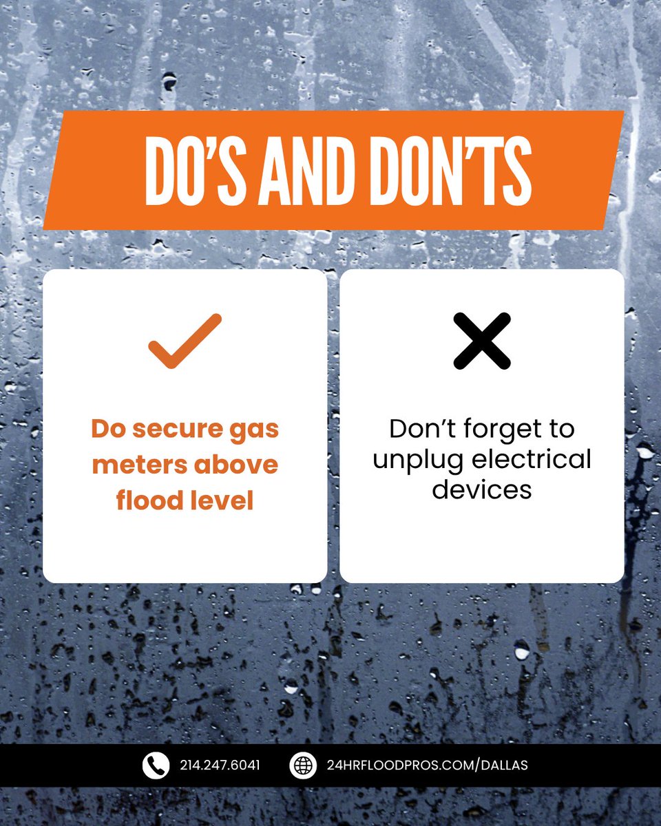 24floodprosdfw's tweet image. Essential flood preparedness tips: Secure your gas meters and unplug devices to stay safe during heavy rainfall. Stay alert and take precautions!
#24HourFloodPros #DosandDonts