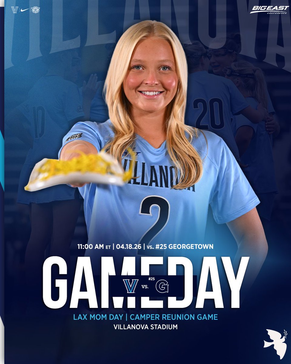 NovaWLax's tweet photo. Last one on our turf✌️😼

🆚 #25 Georgetown
🕚 11:00am
📺 ESPN+
📍 Villanova, PA.

#GoNova https://t.co/rTVGkf4jhC