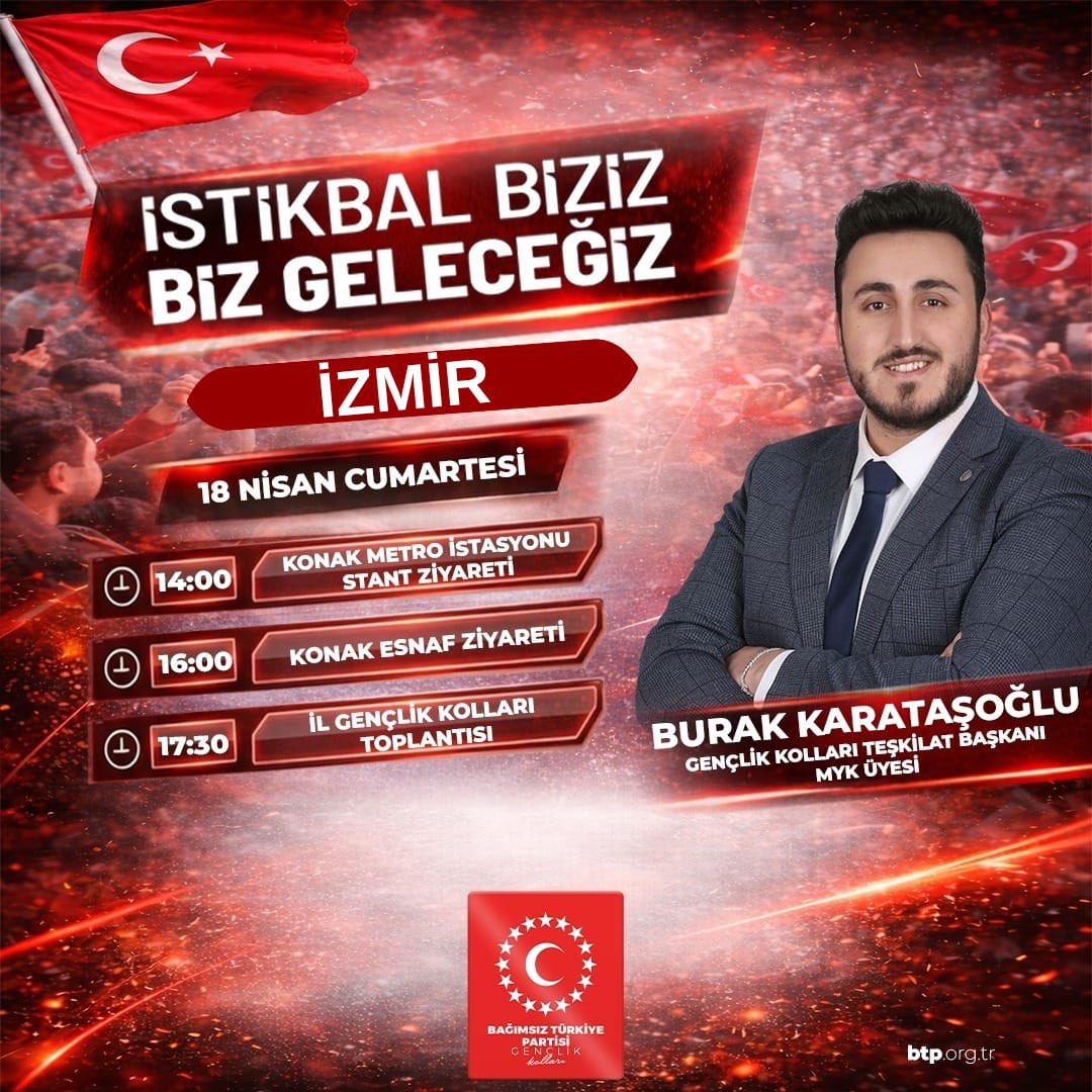 GENÇLİK SAHADA!
Bağımsız Türkiye Partisi Gençlik Kolları olarak 18 Nisan Cumartesi günü İzmir'de sahadayız!
📍 Konak Metro İstasyonu Stant Çalışması
🤝 Esnaf Ziyaretleri
🗣️ İzmir İl Gençlik Kolları Toplantısı

İstikbal biziz, biz geleceğiz! 🇹🇷