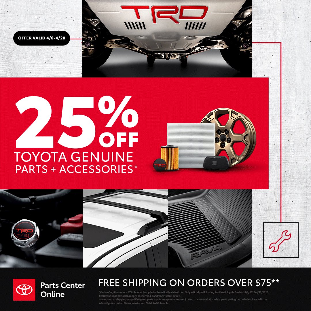 🚨 Last weekend to SAVE! 

🛠️ Get 25% OFF Toyota Genuine Parts &amp; Accessories, through April 20 

🤝 Take advantage of free shipping on order over $75

📱Call our team at 251-450-1000

📍 Visit us at 3062 Government Blvd, Mobile, AL 36606

📲 Shop online at SpringhillToyota.com
